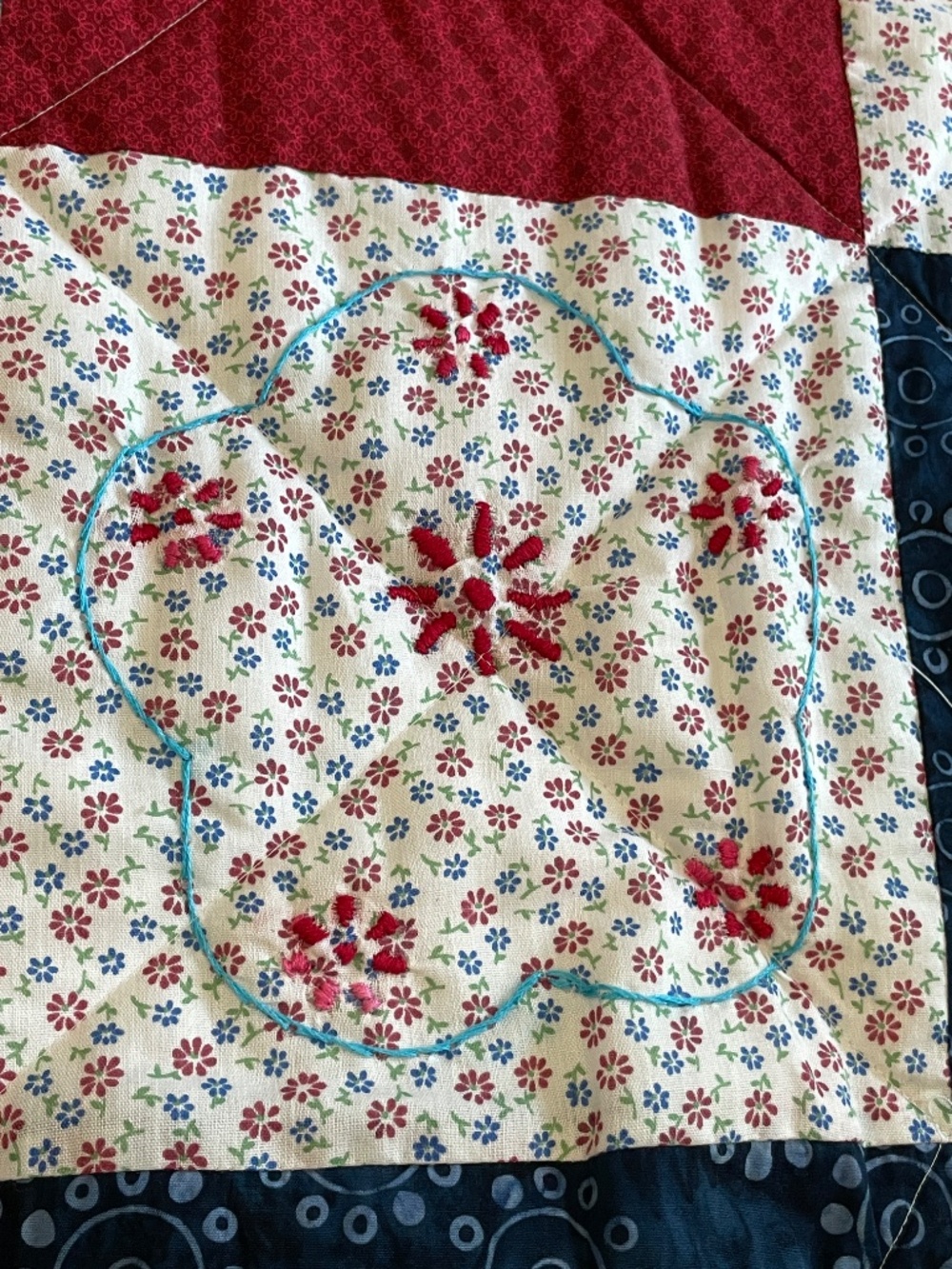 Handmade Quilt Whimsical Red Off White Blue Embroidered Flower Lap Child Size - Picture 7 of 15